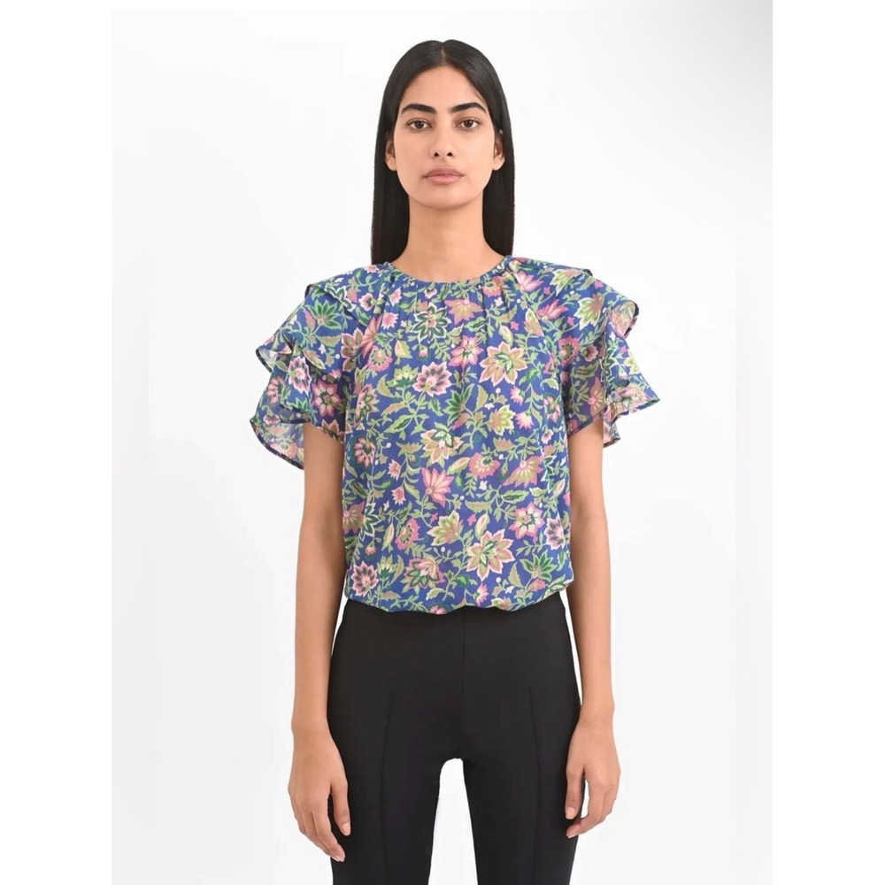 Banjanan Andrea Top Poppy Mallow Surf Floral Ruffle Sleeve Blouse Size L